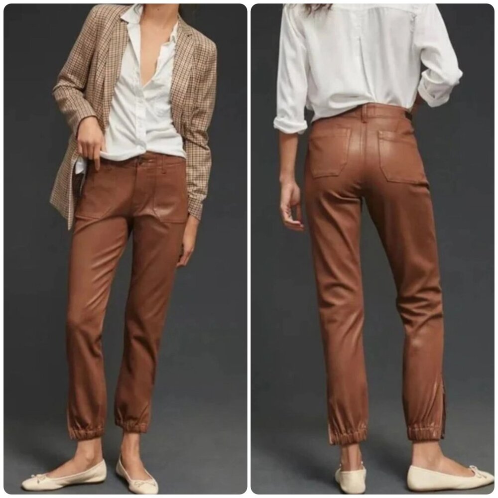 Paige Mayslie Coated Denim Joggers Women 27 Brown Classic Office Stretch Western